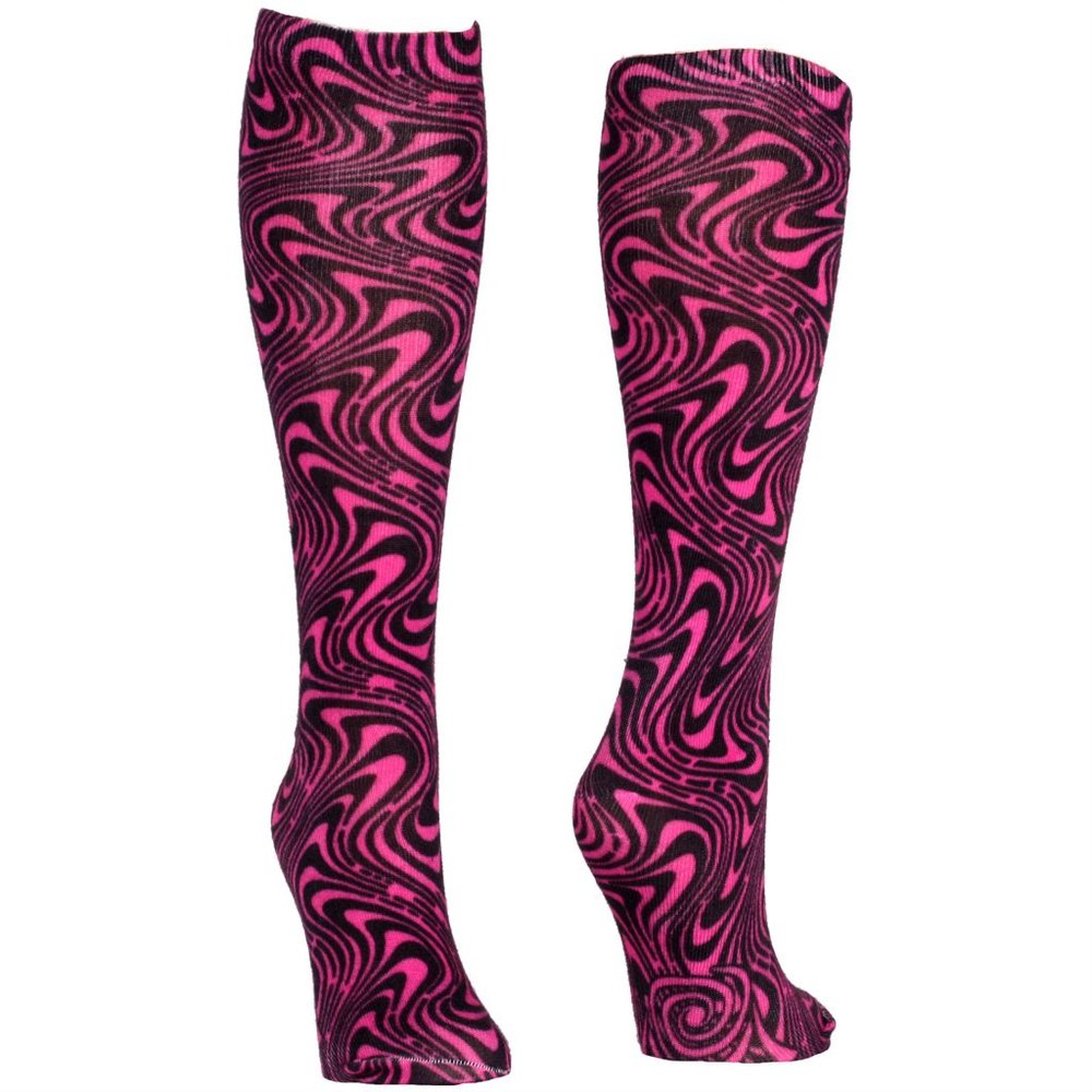 Blacklight Reactive Wavy Neon Pink Knee High Socks Black Pink Psychedelic NWT